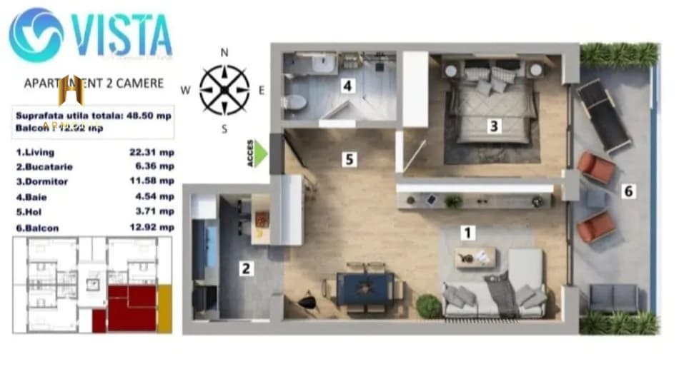 Квартира в Mamaia, 2 комн., 49 м²